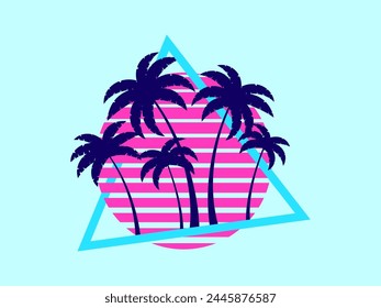80s retro sci-fi palm trees on a sunset in triangular frame. Retro futuristic sun with palm trees. Synthwave and retrowave style. Design for advertising banners and posters. Vector illustration