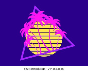 80s retro sci-fi palm trees on a sunset in triangular frame. Retro futuristic sun with palm trees. Synthwave and retrowave style. Design for advertising banners and posters. Vector illustration