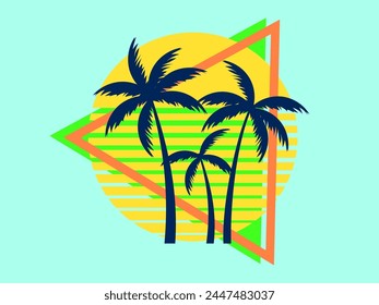 80s retro sci-fi palm trees on a sunset in triangular frame. Retro futuristic sun with palm trees. Synthwave and retrowave style. Design for advertising banners and posters. Vector illustration