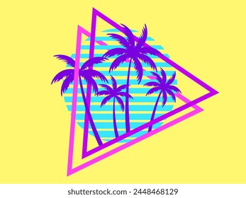 80s retro sci-fi palm trees on a sunset in triangular frame. Retro futuristic sun with palm trees. Synthwave and retrowave style. Design for advertising banners and posters. Vector illustration