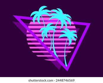 80s retro sci-fi palm trees on a sunset. Retro futuristic sun with palm trees in a triangular frame. Synthwave style. Design for advertising brochures, banners and posters. Vector illustration