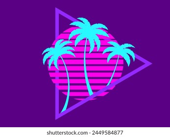 80s retro sci-fi palm trees on a sunset in triangular frame. Retro futuristic sun with palm trees. Synthwave and retrowave style. Design for advertising banners and posters. Vector illustration