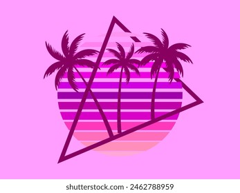 80s retro sci-fi palm trees on a sunset. Retro futuristic sun with palm trees in a triangular frame. Synthwave style. Design for advertising brochures, banners and posters. Vector illustration