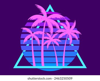 80s retro sci-fi palm trees on a sunset. Retro futuristic sun with palm trees in a triangular frame. Synthwave style. Design for advertising brochures, banners and posters. Vector illustration