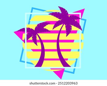 80s retro sci-fi palm trees on a sunset in triangular frame. Retro futuristic sun with palm trees. Synthwave and retrowave style. Design for advertising banners and posters. Vector illustration