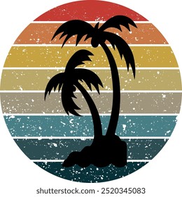 80s retro sci-fi palm trees on a sunset. Retro futuristic sun with palm trees. Summer time. Synthwave and retrowave style. Vector illustration