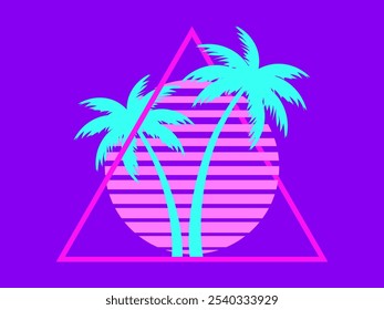 80s retro sci-fi palm trees on a sunset in triangular frame. Retro futuristic sun with palm trees. Synthwave and retrowave style. Design for advertising banners and posters. Vector illustration