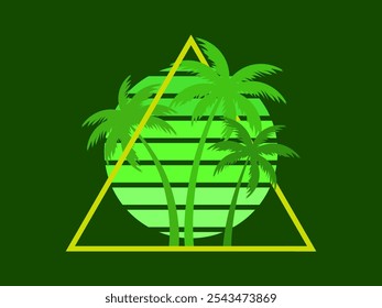 80s retro sci-fi palm trees on a sunset in triangular frame. Retro futuristic sun with palm trees. Synthwave and retrowave style. Design for advertising banners and posters. Vector illustration