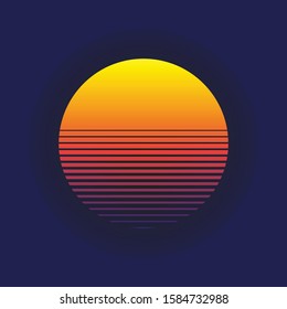 80s Retro sci-fi Sunset logo vector illustration with purple background