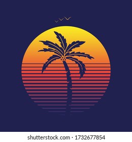 80s Retro sci-fi Sunset logo with coconut tree and birds flying home, vector illustration with purple background