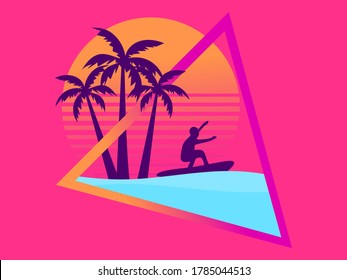 80s retro sci-fi surfer with palm trees on a sunset. Surfer against the backdrop of palm trees and retro futritic sun. Synthwave style. Vector illustration