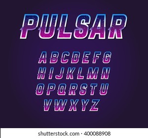 80er Jahre Retro-Sci-Fi Universe Pulsar Font Alphabet Vector Set