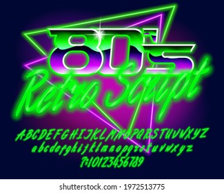 80s Retro Script alphabet font. Glowing letters, numbers and punctuations. Uppercase and lowercase. Vector typescript for your typography design.