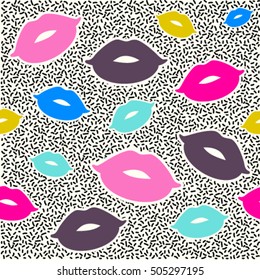 80s Retro Seamless Lips Pattern. Vintage background for web page, 80's, 90's style fabric design, scrapbook elements, wrapping paper, cards, cover easy editable for Your design.