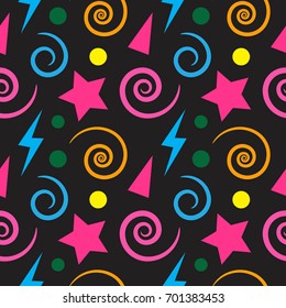 80s retro seamless pattern. Background with stars, swirls and doodles. Vector illustration. 