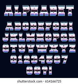 80s retro style alphabet font template. Set of letters and numbers old video game design. Vector illustration.