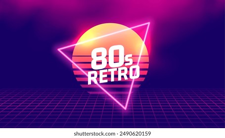 80er Jahre Retro-Stil geometrische Gitter-Bildschirmhintergrund mit Sonne und Neonrahmen Vektorgrafik 