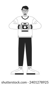 80s retro style photographer black and white cartoon flat illustration. Eyeglasses arab man taking instant pictures 2D lineart character isolated. Nostalgia monochrome scene vector outline image