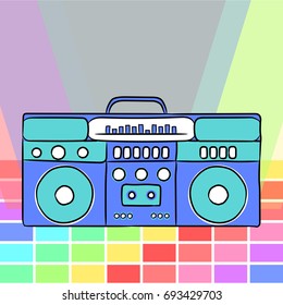 80s Retro Style. Vintage Retro 80's Vector Boombox. 1980 Disco. Record Player On Dance Floor. Colorful Background.