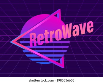 80s retro sun in a triangular frame. Synthwave and retrowave style. Grid virtual reality. Retro futuristic background for banner and posters. Vector illustration