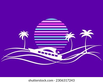 80s retro sun with a wavy landscape of palm trees and a yacht. Sea sunset with line style and minimalist style. Design for printing on t-shirts, banners. Vector illustration