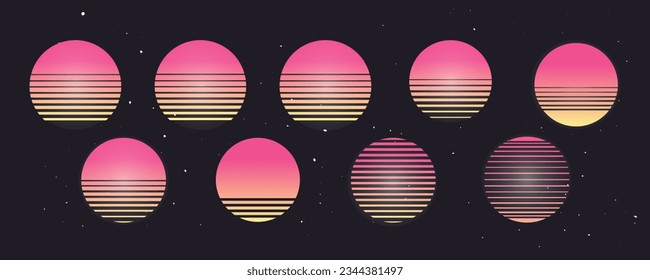 80s Retro Sunset collection. Set of vintage graphics with sun dipped in sea. Collection of vector sunsets. Elements for 80's and 90's posters, illustrations and web designs.