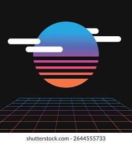 80s Retro Sunset Gradient Luz Sunset e Grade, Ilustração plana em fundo preto