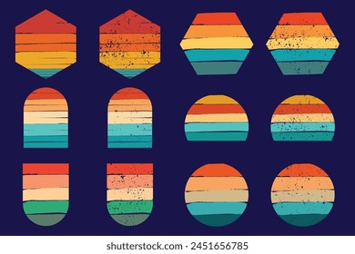 80s retro sunset with grunge texture, abstract vintage sunsets. 1980s style striped gradient sun in different shapes for logo design vector set