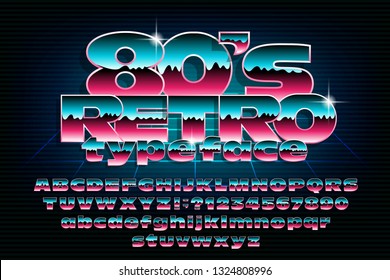 80s retro typeface. Uppercase and lowercase letters and numbers. Stock vector alphabet font for your design in 80s style.