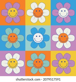 80s retro vintage pop art smiley face daisy illustration print for graphic tee t shirt or poster sticker - Vector