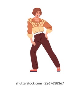 Hombre de estilo retro de los años 80 vestido de moda de los años 80. Feliz personaje masculino bailando, usando ropa de ochenta años, ropa, bigote en la discoteca. Ilustración vectorial gráfica plana aislada en fondo blanco