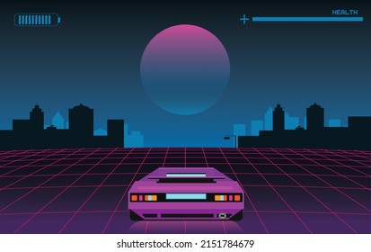 80er Jahre, retrowave Hintergrund, 3D-Abbildung. Retro Video-Rennspiel-Konzept. Futuristische Autos fahren durch neon abstrakten Cyberspace mit Perspektivraster.