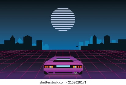 80s Retrowave Background, 3d Illustration. Retro Video Racing Game Concept. Futuristic Car Drive Through Neon Abstract Cyberspace With Perspective Grid.