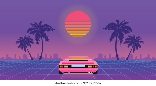 80er Jahre, retrowave Hintergrund, 3D-Abbildung. Retro Video-Rennspiel-Konzept. Futuristische Autos fahren durch neon abstrakten Cyberspace mit Perspektivraster. Vektorgrafik