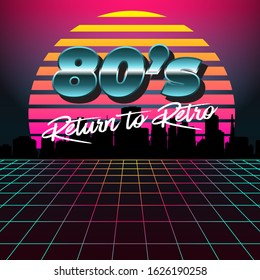 80s Retuen to Retro, Vector illustration, Neon Background with Night light Landscape, 1980s posters style. 
Print design for 80s style, sci-fi futuristic synth wave retro, Banner, Poster, Postcard, We
