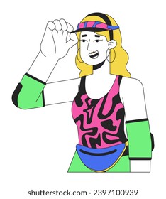 80s roller skater girl blonde 2D linear cartoon character. 90s workout outfit caucasian woman isolated line vector person white background. Wearing neon coloured clothing color flat spot illustration