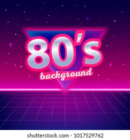 80s sci-fi background with perspective grid, stars, triangle and text. Abstract retro background in 80s style. Disco, neon. Vector illustration.