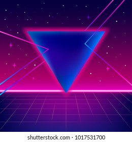 80s Sci-fi Background With Perspective Grid, Stars, Triangle And Bright Lines. Abstract Retro Background In 80s Style. Disco, Neon. Vector Illustration.