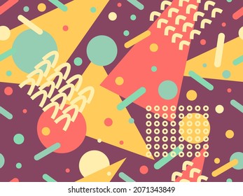 80s seamless pattern with geometric shapes in memphis style. Circles and triangles. Colorful abstract background for printing on promotional items, banners and wrapping paper. Vector illustration