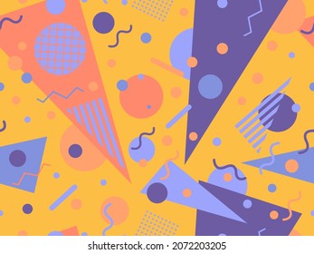 80s seamless pattern with geometric shapes in memphis style. Circles and triangles. Colorful abstract background for printing on promotional items, banners and wrapping paper. Vector illustration