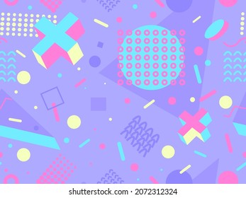 80s seamless pattern with geometric shapes in memphis style. Circles and triangles. Colorful abstract background for printing on promotional items, banners and wrapping paper. Vector illustration
