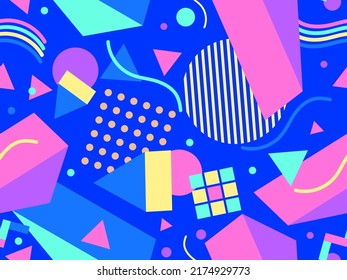 Patrón transparente de los años 80 con formas geométricas en estilo memphis. Círculos y triángulos. Colorido fondo abstracto para imprimir en artículos promocionales, banners y papel de envoltura. Ilustración del vector
