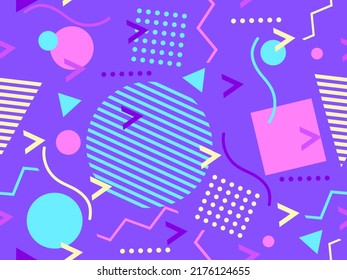 Patrón transparente de los años 80 con formas geométricas en estilo memphis. Círculos y triángulos. Colorido fondo abstracto para imprimir en artículos promocionales, banners y papel de envoltura. Ilustración del vector