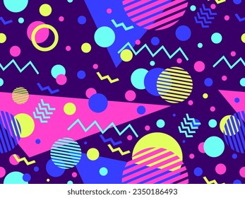 80s seamless pattern with geometric shapes in memphis style. Circles and triangles. Colorful abstract background for printing on promotional items, banners and wrapping paper. Vector illustration