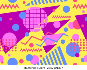 80er Jahre nahtloses Muster mit geometrischen Formen im Memphis-Stil. Kreise und Dreiecke. Farbiger abstrakter Hintergrund für den Druck auf Werbeartikel, Banner und Verpackungspapier. Vektorgrafik