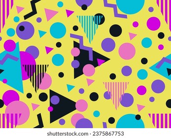 80s seamless pattern with geometric shapes in memphis style. Circles and triangles. Colorful abstract background for printing on promotional items, banners and wrapping paper. Vector illustration