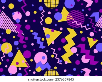 80s seamless pattern with geometric shapes in memphis style. Circles and triangles. Colorful abstract background for printing on promotional items, banners and wrapping paper. Vector illustration