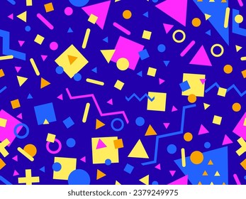 Patrón transparente de los años 80 con formas geométricas en estilo memphis. Círculos y triángulos. Colorido fondo abstracto para imprimir en artículos promocionales, banners y papel de envoltura. Ilustración del vector