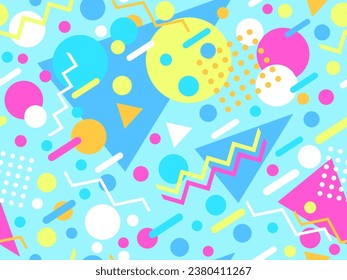 Patrón transparente de los años 80 con formas geométricas en estilo memphis. Círculos y triángulos. Colorido fondo abstracto para imprimir en artículos promocionales, banners y papel de envoltura. Ilustración del vector