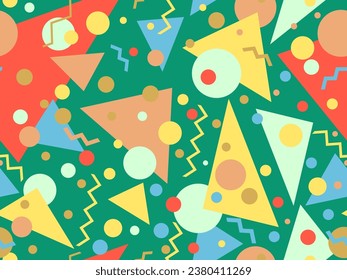 Patrón transparente de los años 80 con formas geométricas en estilo memphis. Círculos y triángulos. Colorido fondo abstracto para imprimir en artículos promocionales, banners y papel de envoltura. Ilustración del vector